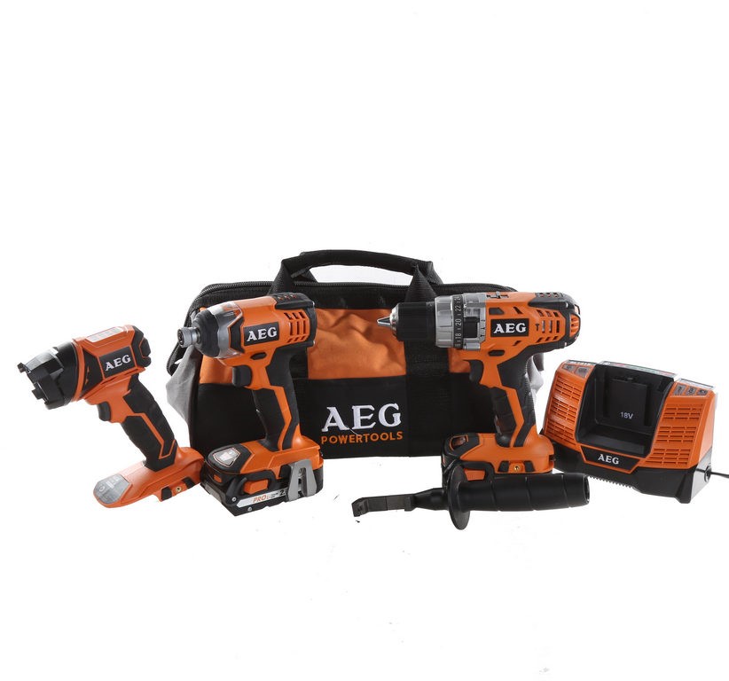 AEG 3pc 18V Drill Kit c/w Hammer Drill, Driver, LED Light, 2 x 2.0Ah