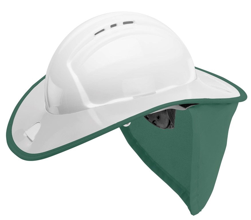 50 x SNAP BRIM Rigid Hard Hat Sunshade with Cotton Drill Neck Flap, White/G