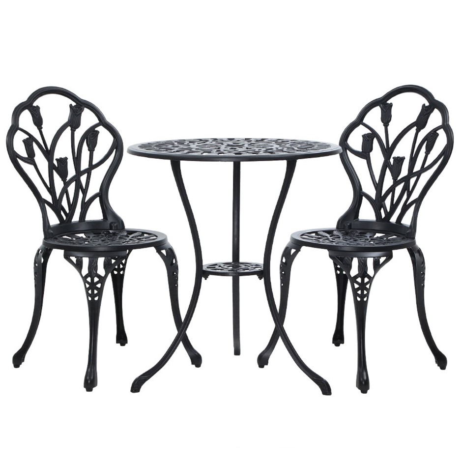 Gardeon 3PC Outdoor Setting Cast Aluminium Bistro Table Chair Black 1018