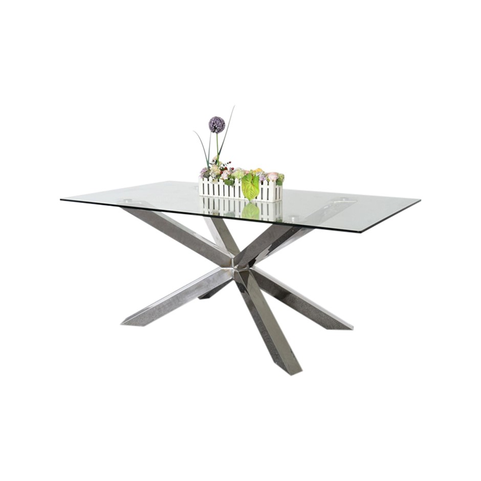 Dining Table in Crisscross Glossy Stainless Steel Base with 12mm Glass Top