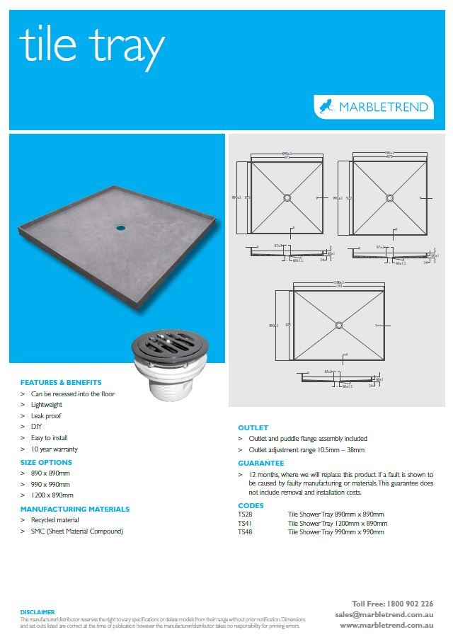 Tile Tray BMC 990x990 with Puddle Flange & Square Chrome Waste