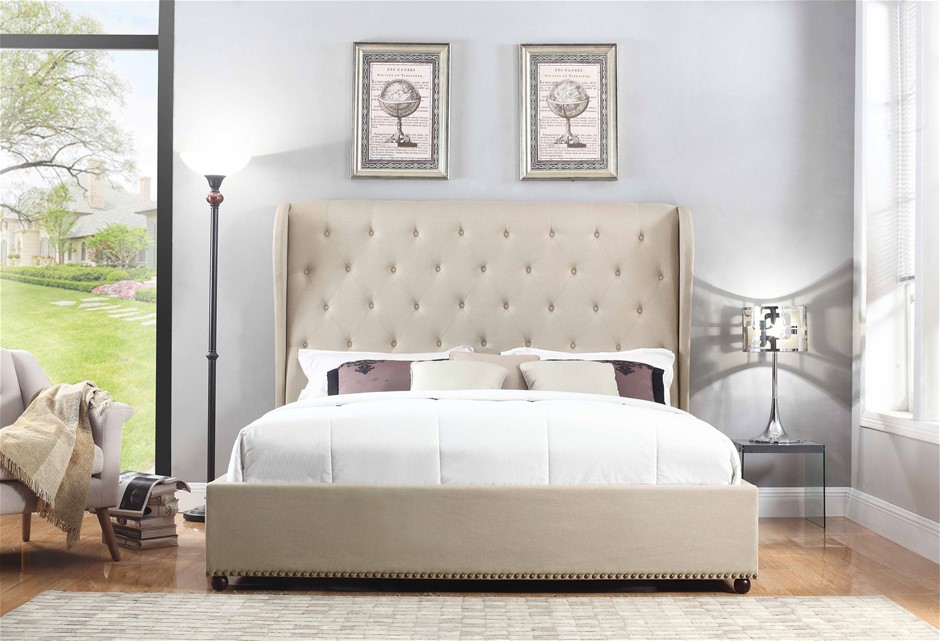 Queen Bed Frame in Beige Fabric Upholste
