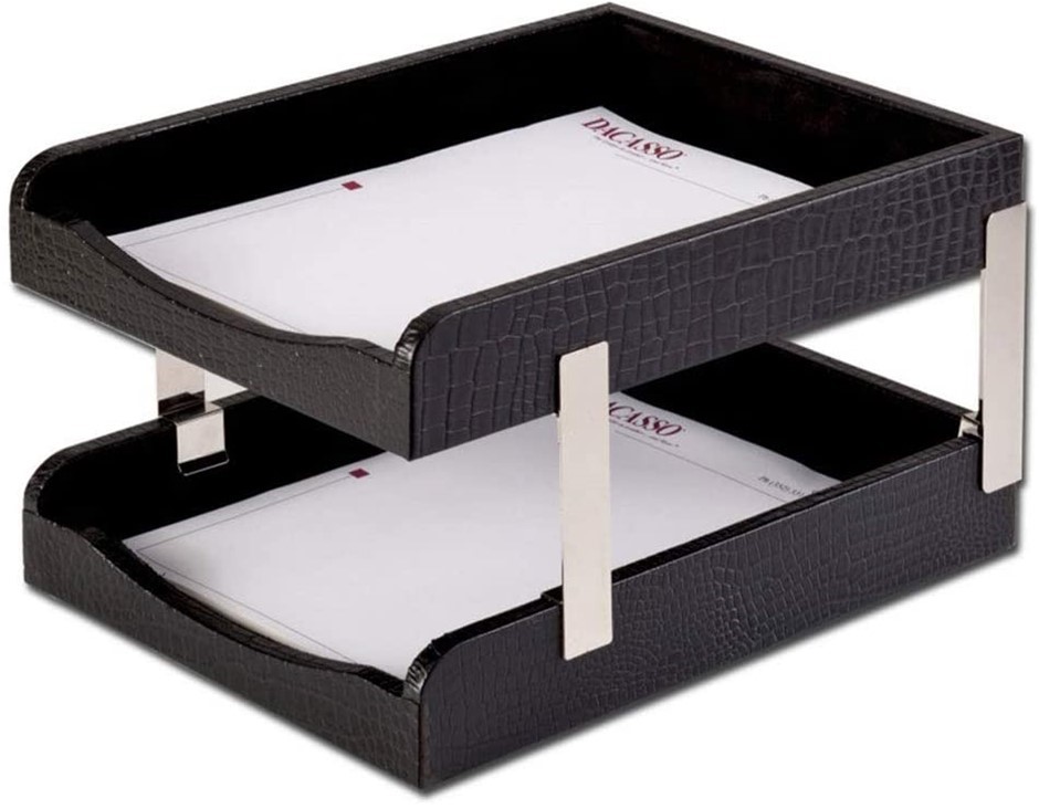 DACASSO Double Letter Trays, Black Crocodile Embossed.