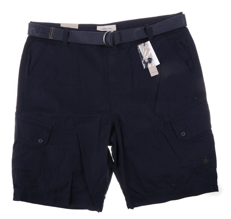 CALVIN KLEIN Men's Cargo Shorts with Belt, Size 32, 100% Polyester, Navy.