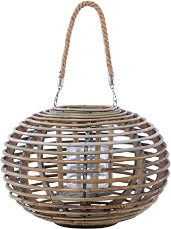 DARLIN Natural Rattan Cane Round Lanterns (L), 38 x 38 x 28cm, Includes Gl