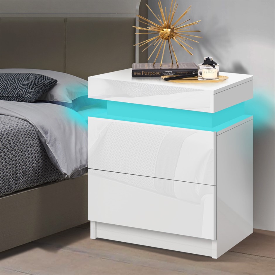 ALFORDSON Bedside Table RGB LED Nightstand 2 Drawers High Gloss White