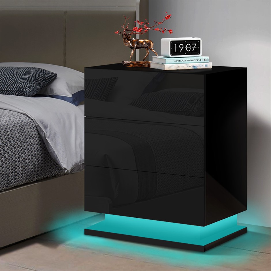 ALFORDSON Bedside Table RGB LED Nightstand 3 Drawers High Gloss Black