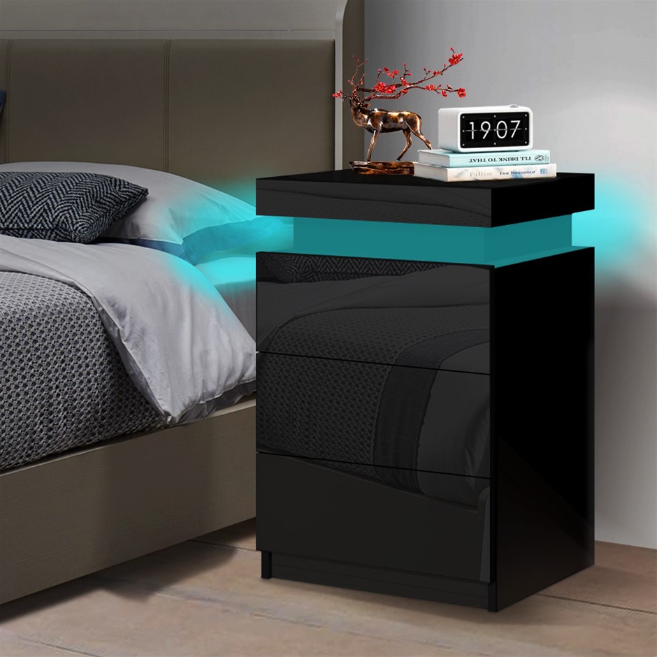 ALFORDSON Bedside Table RGB LED Nightstand 3 Drawers High Gloss Black