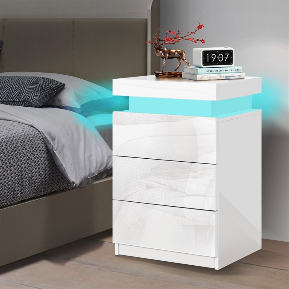 ALFORDSON Bedside Table RGB LED Nightstand 3 Drawers High Gloss White