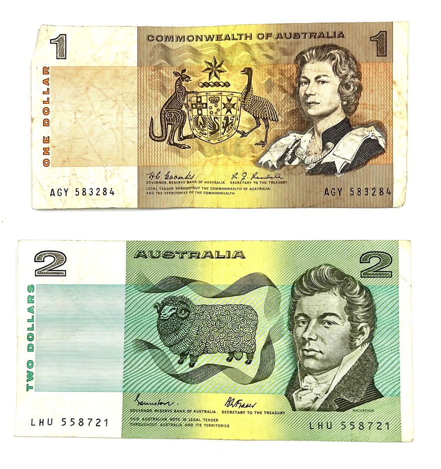 1967 Commonwealth Of Australia $1 Bank Note & 1986 Australian $2 Bank ...