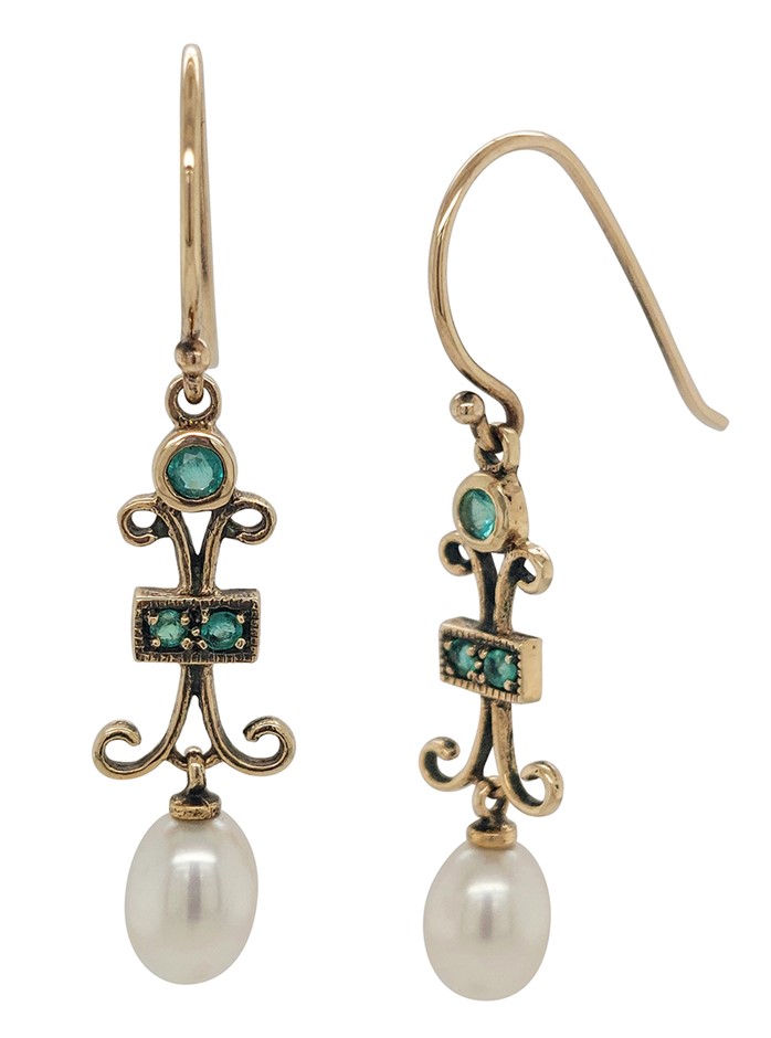 9CT Y/G Emerald & Pearl Gemstone Vintage Style Drop Earrings Auction