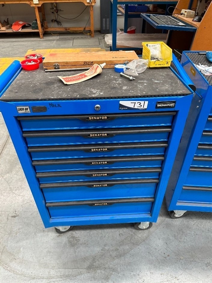 Blue steel mobile tool box, Senator, 7 drawers and contents Auction