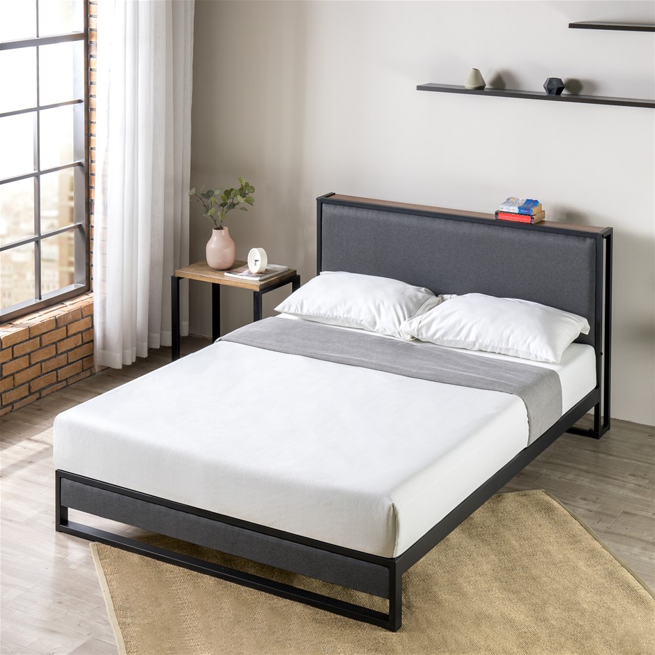 Zinus Metal & Fabric Bed Frame with Headboard Shelf Queen