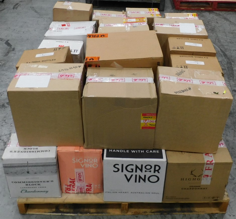 Pick Up Pallet of Wine Approx 31 Assorted Cartons of Wine & 20 Cans of