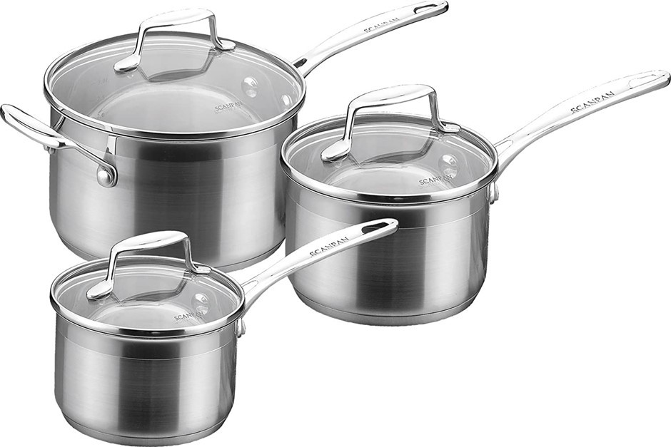 SCANPAN Impact Saucepan 3 Piece Set, Stainless Steel SILVER. NB: Minor Use.