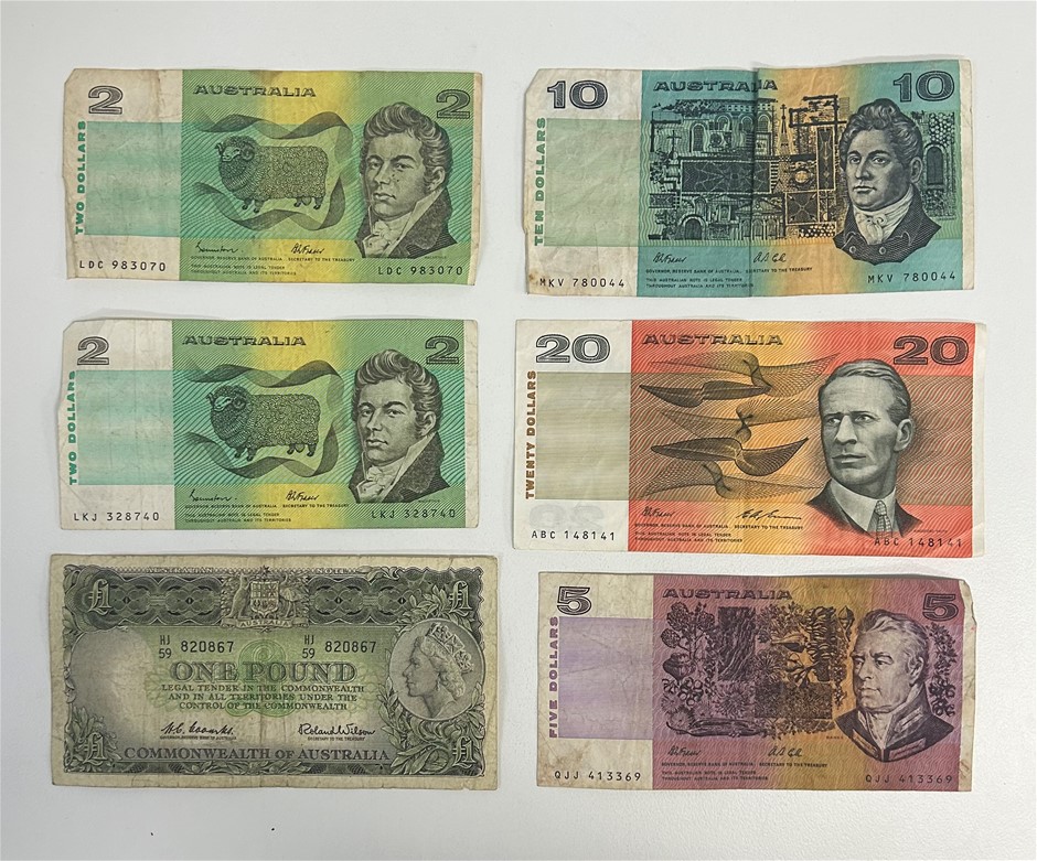 Six Australian Bank Notes, 1 x 1953 One Pound Commonwealth of Australia ...