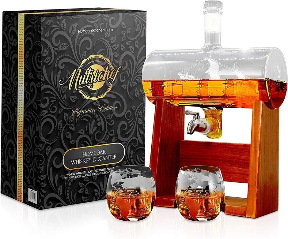 NUTRICHEF Glass Whiskey Decanter with Glasses 1100ml Barrel Whiskey Carafe