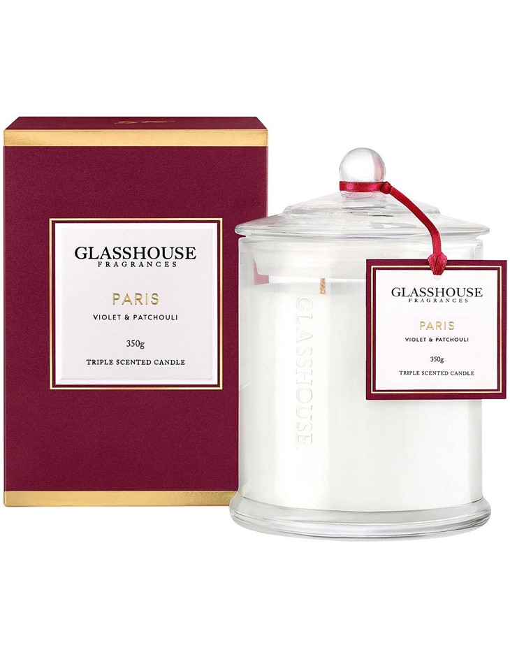 GLASSHOUSE FRAGRANCES Triple Scented Candle, Paris Violet & Patchouli