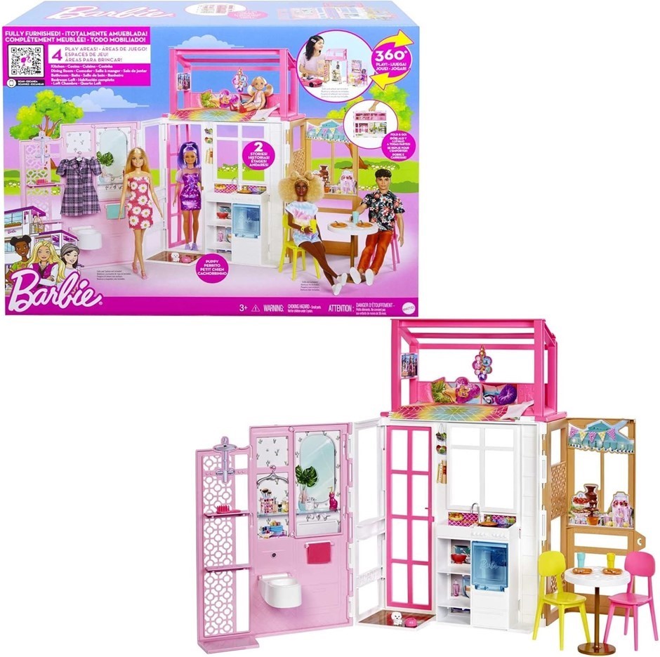 BARBIE Dollhouse with 2 Levels & 4 Play Areas, Multicoloured.