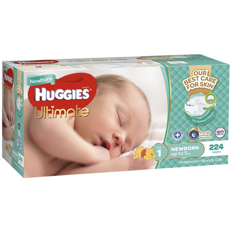 HUGGIES Ultimate 224pk Newborn Nappies, Size 1, Up to 5kg. N.B. Not in orig
