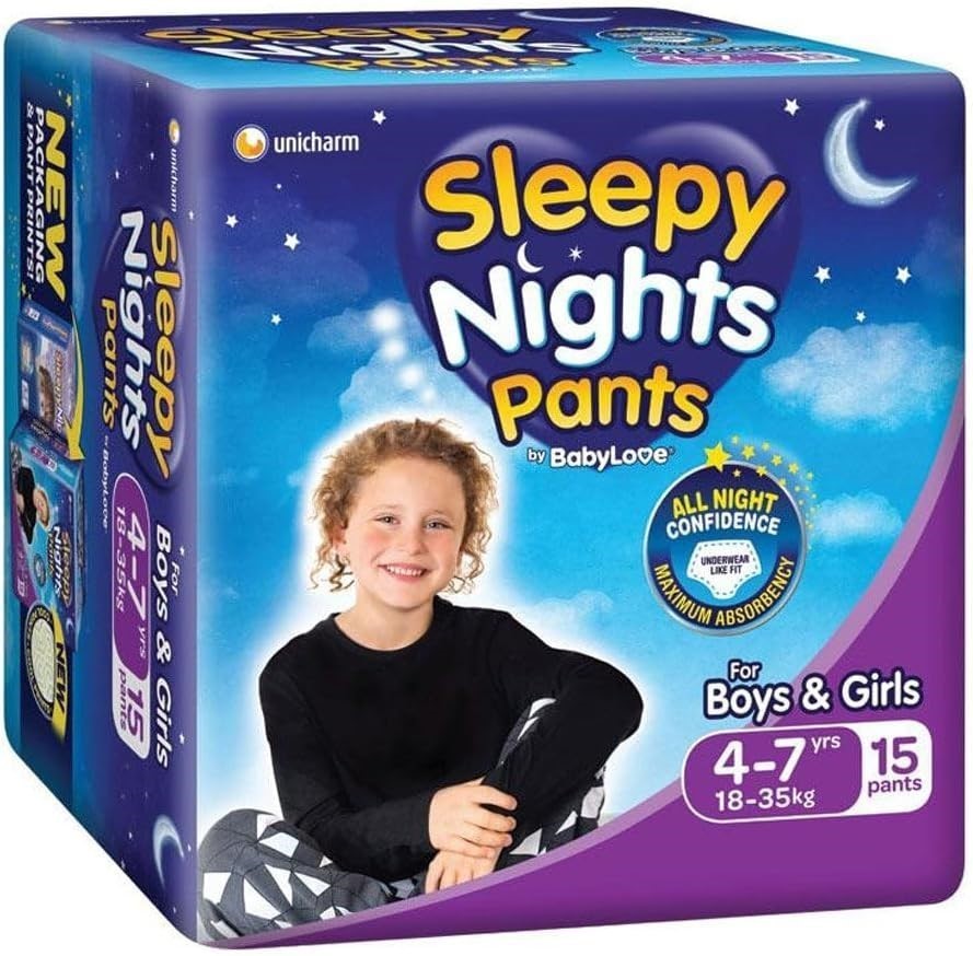 4 x BABYLOVE Sleepy Overnight Nights Pant 15-Pieces Pack, Size 4-7 Years.