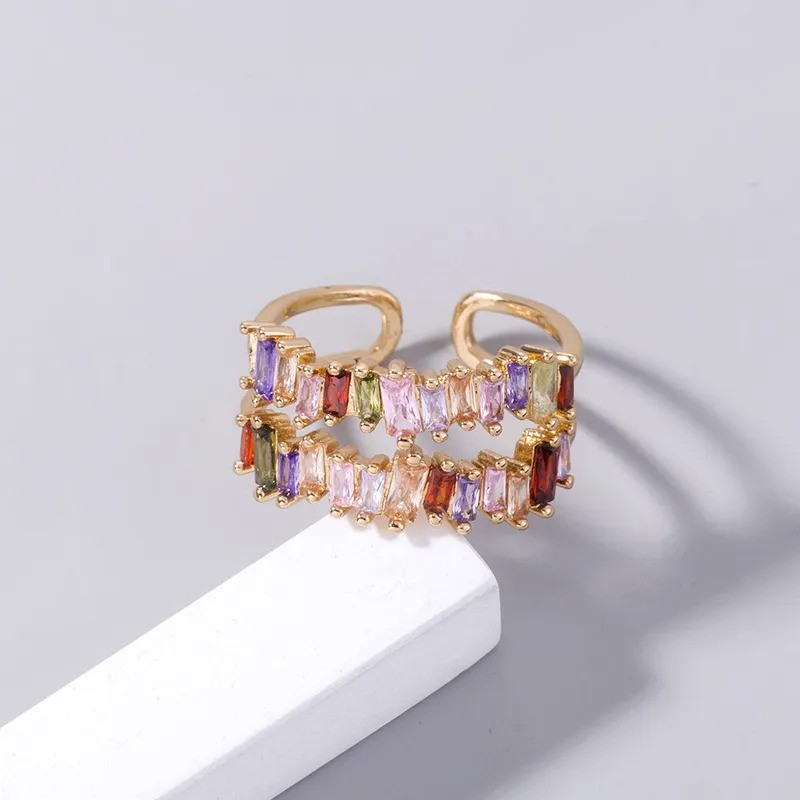 Elegant 18K Yellow Gold Plated Double Row Colourful CZ Adjustable Ring