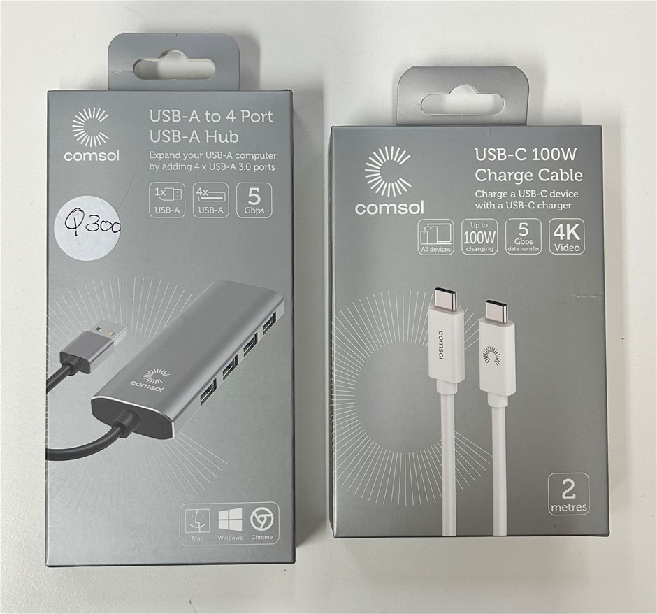 COMSOL USB-C 100W 2m Charge Cable & USB-A to 4 Port USB-A Hub Auction ...