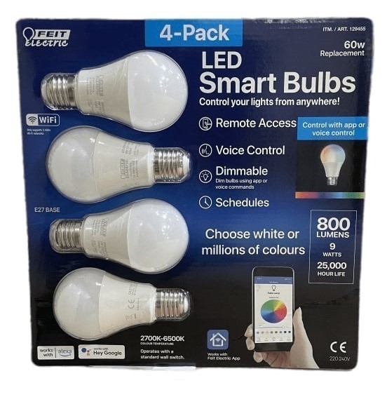 FEIT ELECTRIC 4pc LED Smart Bulbs E27 Base, 800 Lumens.