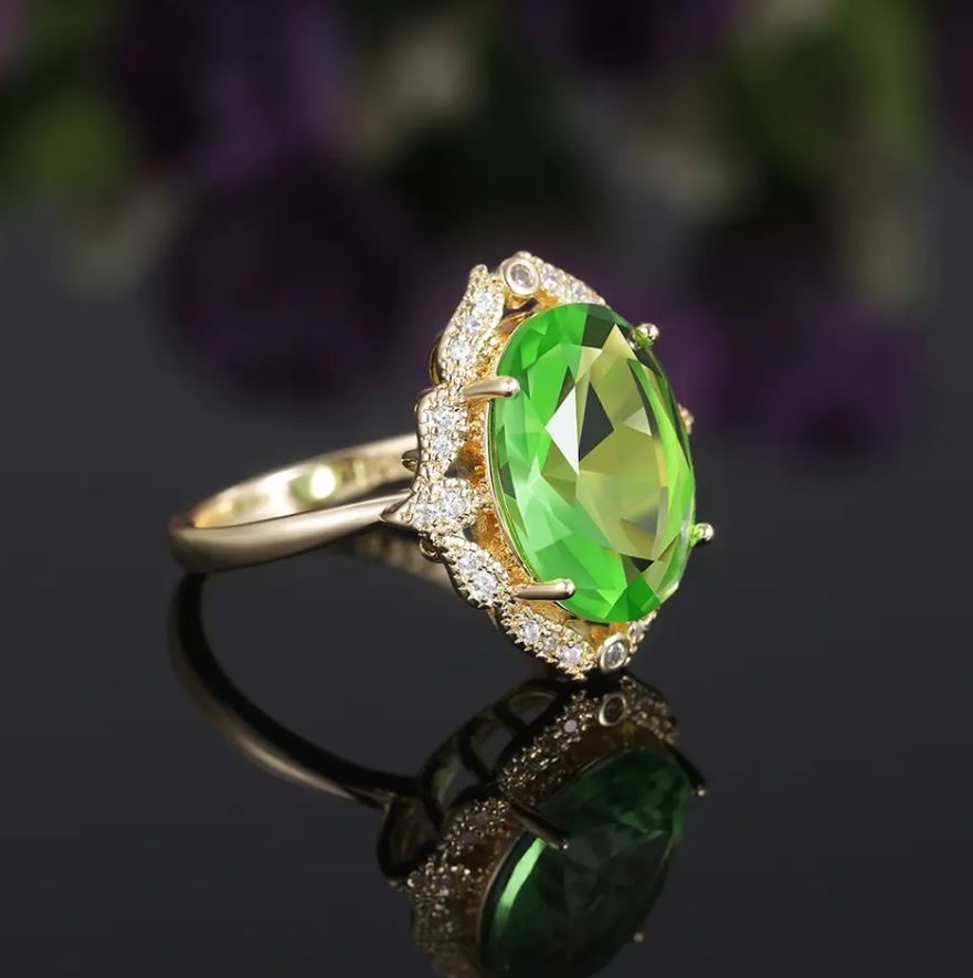 Elegant 18K Yellow Gold plated Simulated Emerald & White CZ Ring size 7