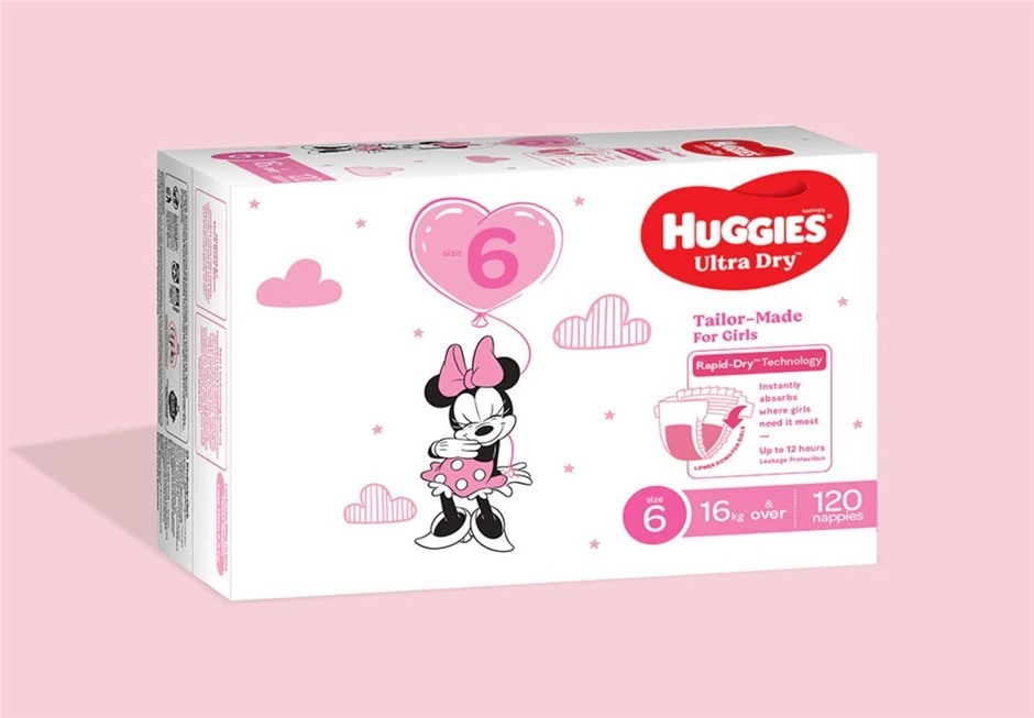 HUGGIES 120pk Ultra Dry Nappies For Girls, Minnie Mouse, Size 6, 16kg & Ove