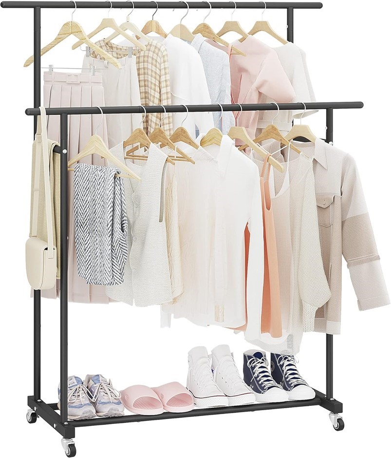 CALMOOTEY Double Rod Clothing Garment Rack,Rolling Hanging Clothes Rack,Por