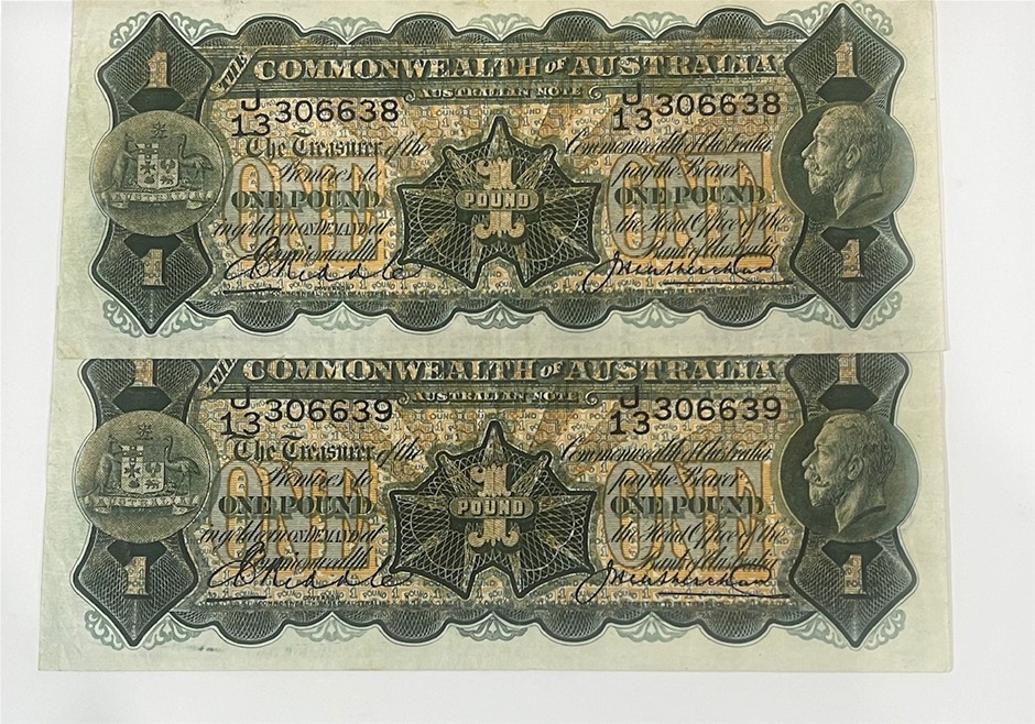 Pair 1927 Commonwealth of Australia One Pound Bank Note
