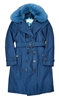 BURRBERY London Blue Double Breasted Trench Coat With Teal Fur Collar