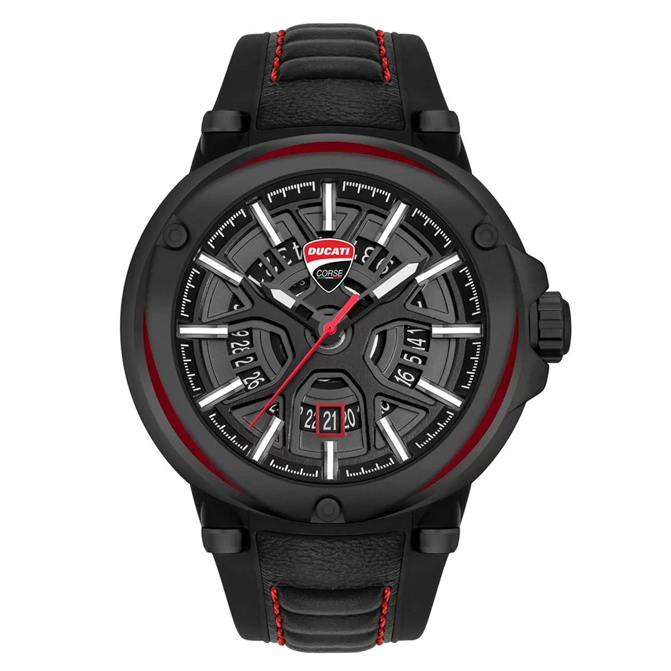 DUCATI 49mm Partenza Leather Strap Watch, Black / Red, Model DTWGN0000101.