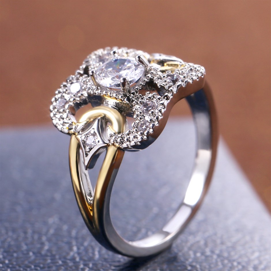 Elegant 18K White and Yellow Gold plated Simulated Diamond Ring Size 10