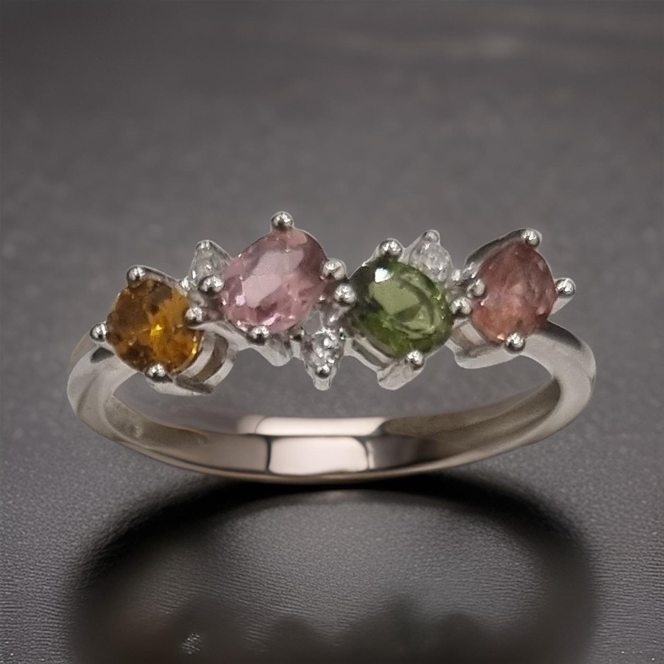 18k White Gold Vermeil 4*3 mm* 4pcs natural Tourmaline adjustable rings