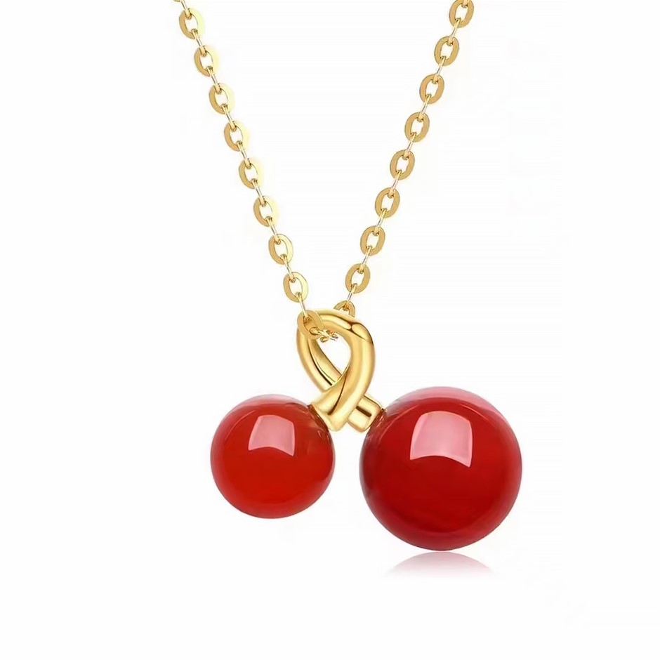 Solid 18K Yellow Gold Cherry-Natural Red Agate pendant & Free Necklace