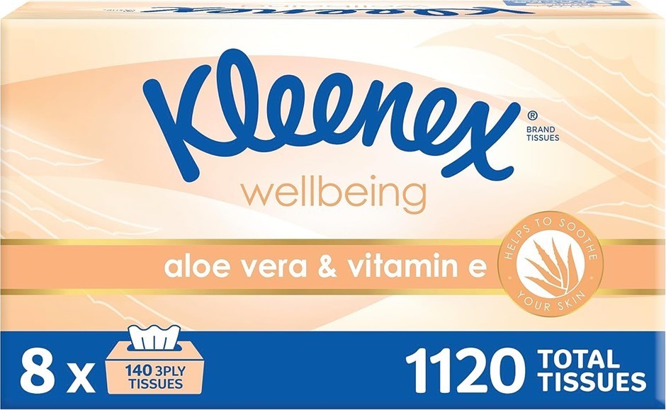 KLEENEX Aloe Vera & Vitamin E 3 Ply Facial Tissues 1120 Count (8 x 140 Pack