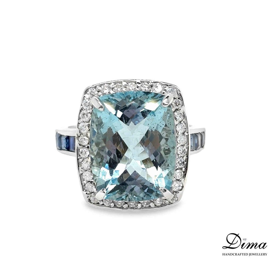 18ct White Gold 8.33ct Aquamarine and Sapphire and Diamond Ring
