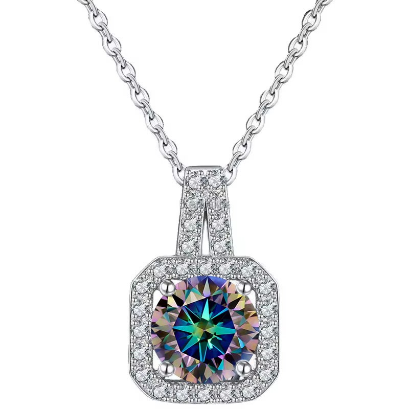 GRA-certified 1.00 Carat Blue-Green(Multicolours) Moissanite Necklace