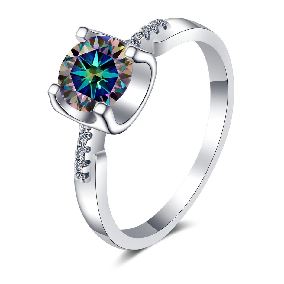 GRA-certified 2.00-Carat Blue-Green(MultiColors)  Moissanite Ring Size 8