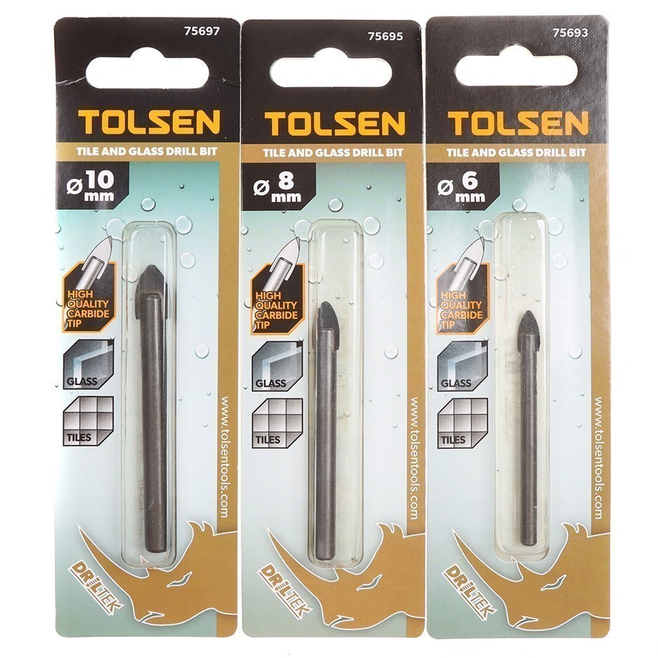 12 x TOLSEN Tile & Glass Drill Bits, Comprising 4 each Size; 6mm, 8mm & 10m