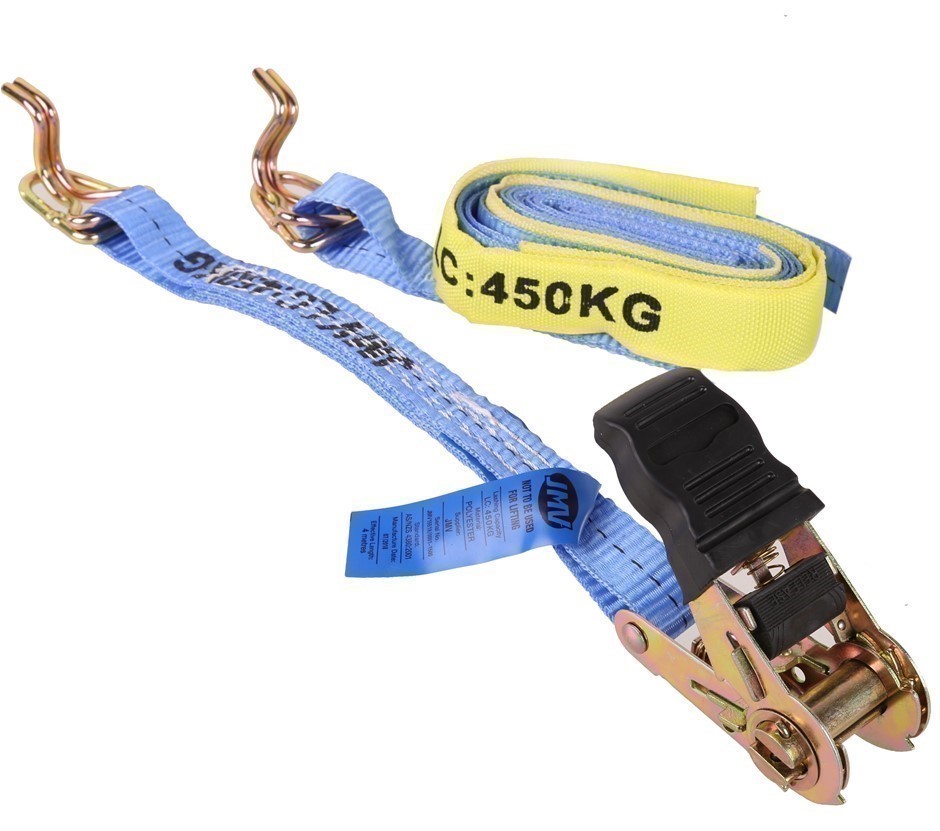 2 x Ratchet Tie Down Assemblies 25mm x 4m c/w Hook & Keeper L/C 450Kg.