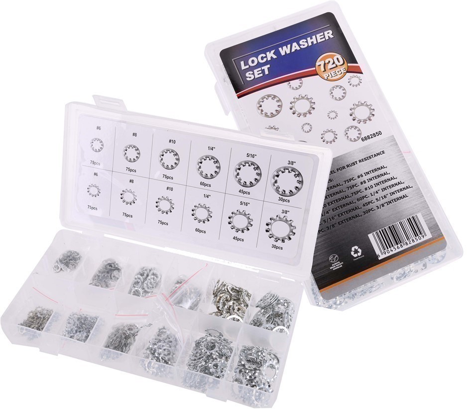 2 x 720pc Lock Sets Washer Assortments,  Zinc Plated. Sizes 75 x #6 , 75 x