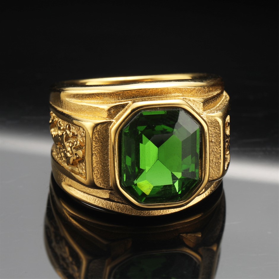 18k Yellow Triple Gold Plated Simulated Emerald Ring Size 9