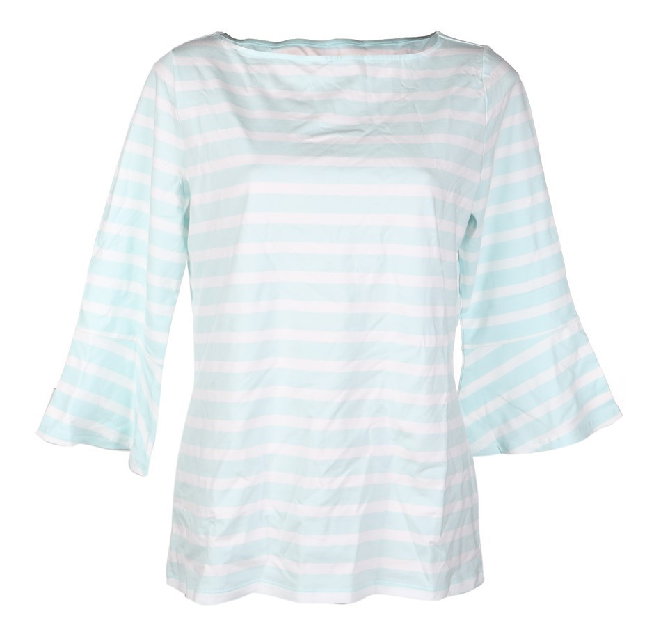 2 x Ladies SEGMENT Long Flowy Sleeve Tops, Size L, Mint/White Stripes. Buy