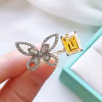 Elegant 18K Triple White Gold plated Lab Simulated Yellow Diamond Open Ring