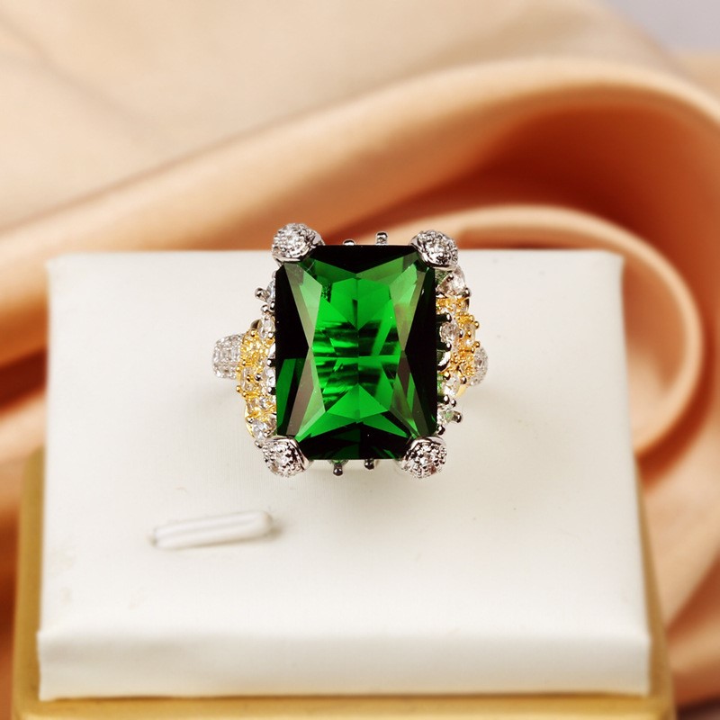 Elegant 18K Triple White Gold plated Lab Simulated Emerald resizable Ring