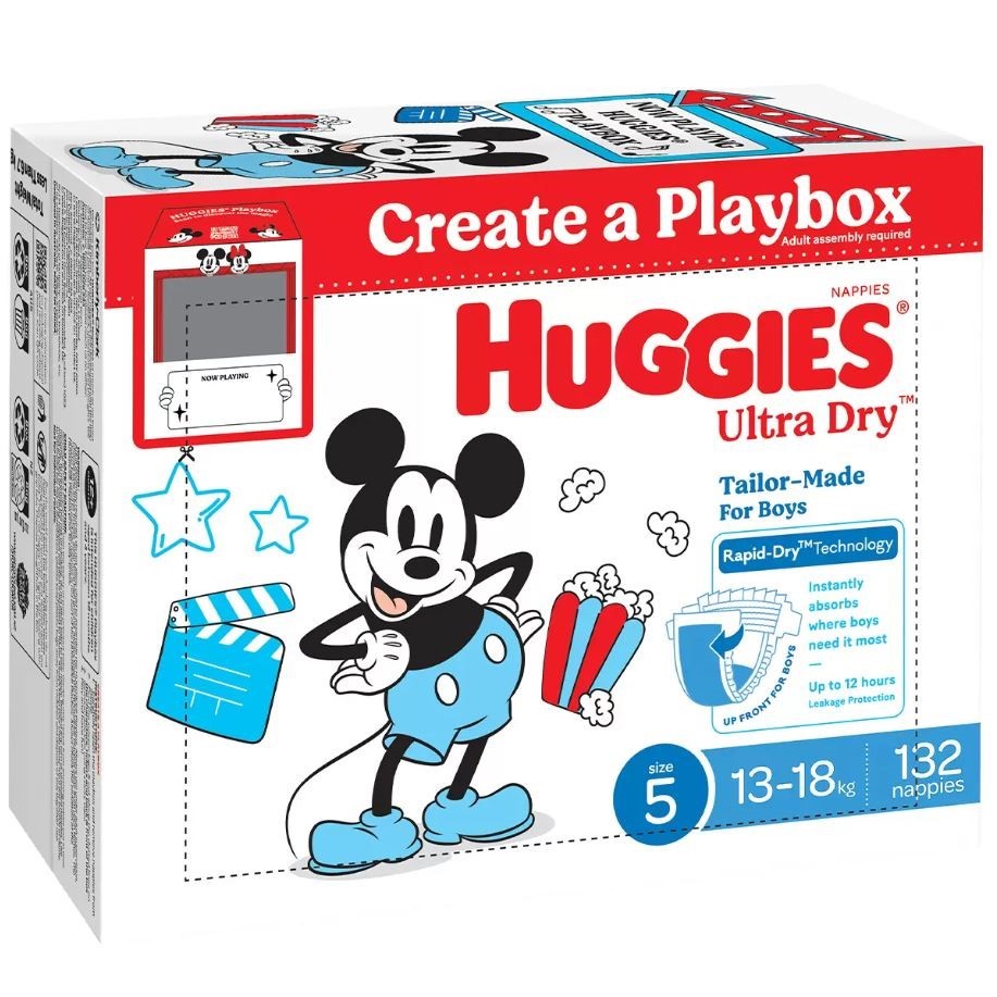 HUGGIES 132pk Ultra Dry Nappies for Boys, Size 5, 13-18kg, Mickey Mouse. NB