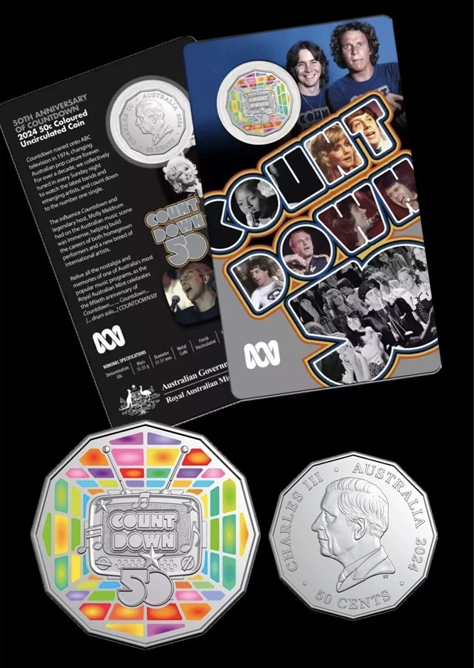 2024 50c Coloured Unc CuNi Coin in Card - 50th Anniversary of Countdown ...